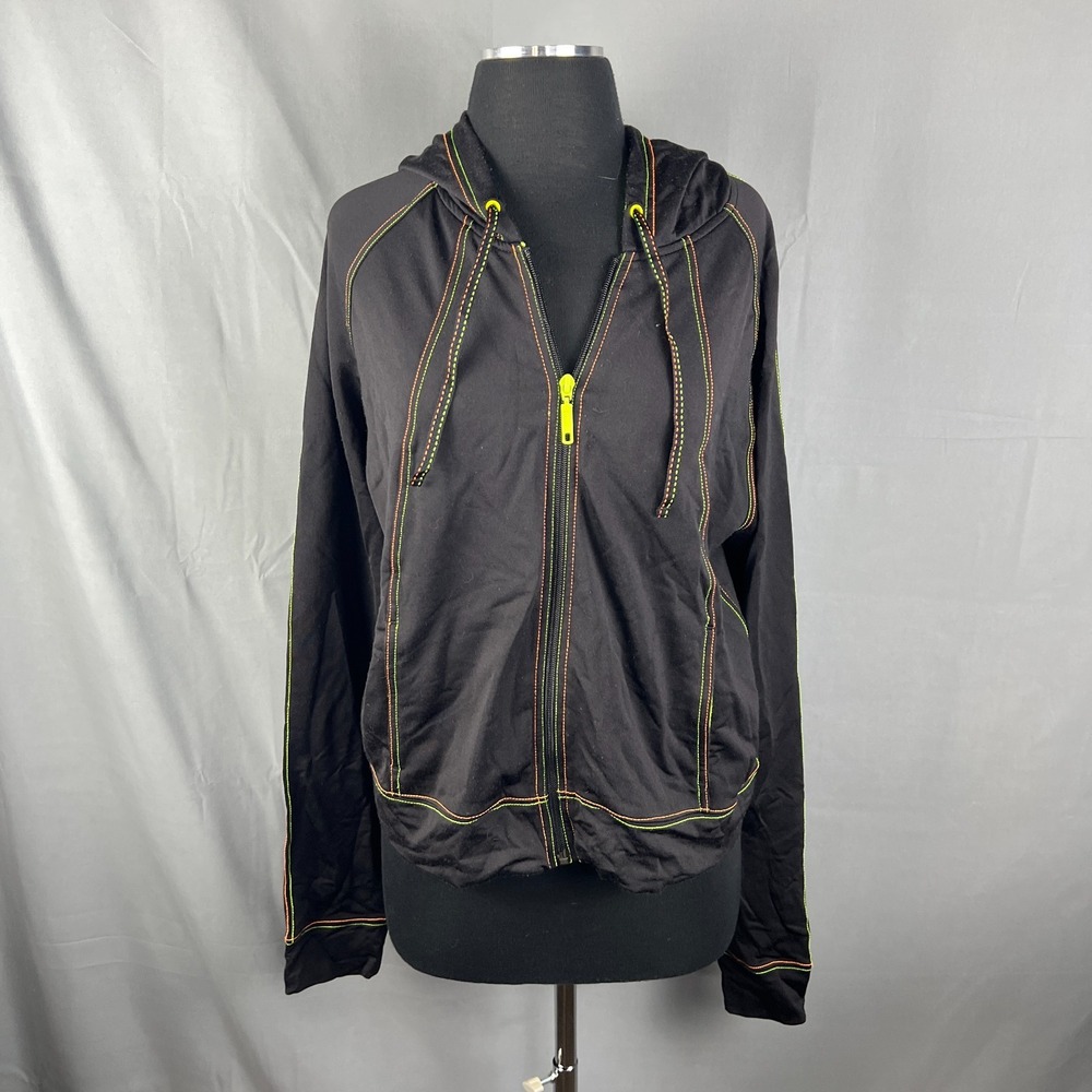 I.E. Relaxed Hoodie Womens XL Black Neon Green Stretch Contrast Stitch Full Zip